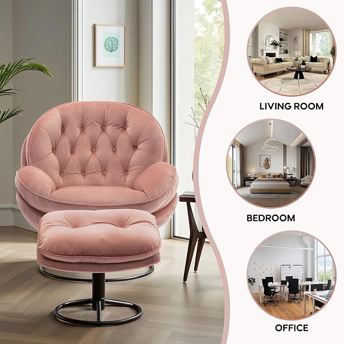 Set of 2 360° Swivel Modern Velvet Accent Chair with Ottoman | Mid-Century Button Tufted Lounge Chair for Living Room & Bedroom, Pink