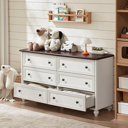 6 Drawers Dresser for Bedroom, Farmhouse 54" Wide Wood Dressers Chest of Drawers, Vintage Design TV Stand, Rustic Storage Dresser Organizer with Metal Handle Closet for Living Room, Hallway