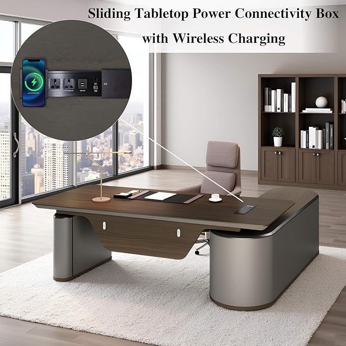 86.6" Reversible L-Shaped Adjustable Height Executive Desk with Oval Storage Cabinet - Black/Brown Standing Desk, Rounded Corners, 3 Drawers & 2 Door Compartments, Flexible Home & Office Workstation