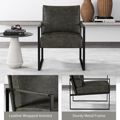 CANMOV Mid Century Modern Accent Chair, PU Leather Armchair with Metal Frame,Comfy Single Reading Chair with Soft Padded Backrest and Cushion for Living Room, Bedroom,Reading Room,Office,Dark Grey