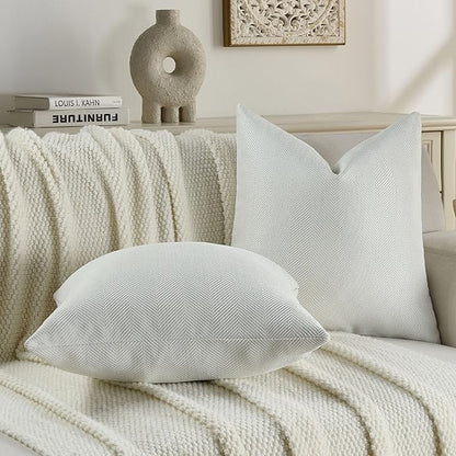 FUTEI Cream White Chenille Throw Pillow Covers 16x16 Inch Set of 2,Soft Wide Chevron Textured Cushion Case,Farmhouse Home Decor for Couch Bed Living Room
