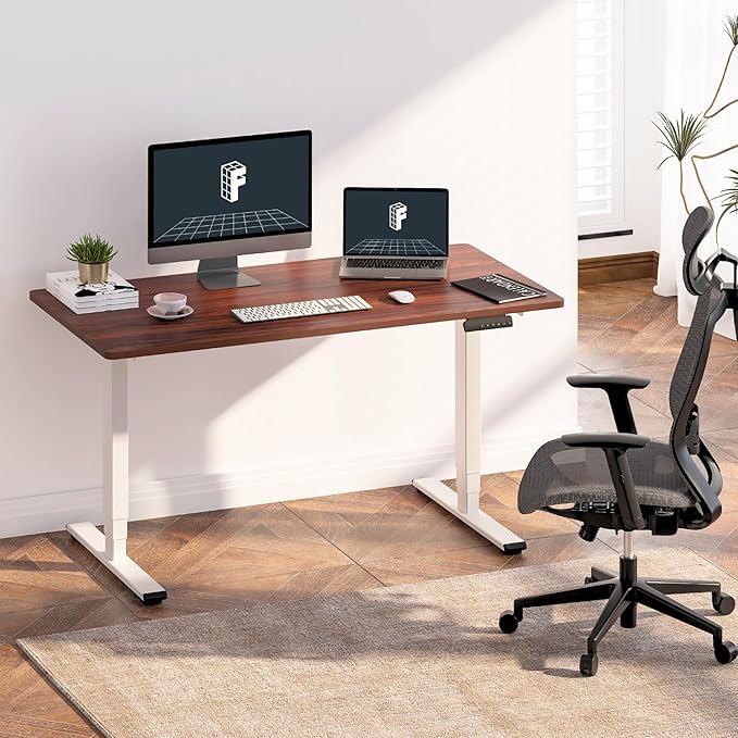FLEXISPOT E6 Standing Desk 3 Stages Dual Motor Electric 60x24 Inch Whole-Piece Board Height Adjustable Electric Sit Stand Desk(White Frame + Mahogany Desktop, 2 Packages)