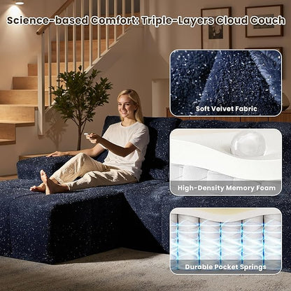 114" Glitter Cloud Sectional Couch with L-Shape Chaise & Ottoman, Modern Boneless Couches for Living Room, Fluffy Tufted Deep Seat Modular Sofa No Assembly (Blue Sparkly Velvet,Left Facing)