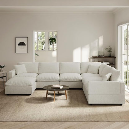 Modern Sectional Linen Couch for Living Room V-Shape Sofas,7 Seat Modular Cloud Sofas,Couches Cushion Covers Removable,Cozy Feather Down Sofa for Apartment Cream White