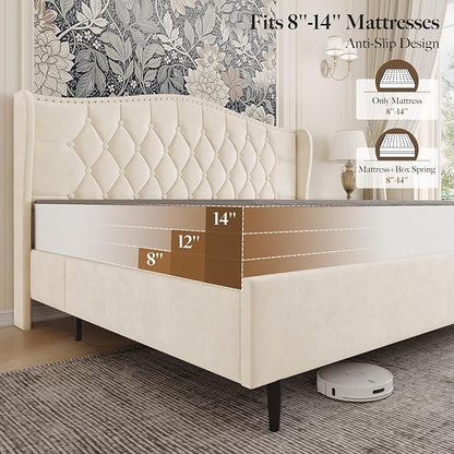 Belffin Full Size Bed Frame with Headboard, Upholstered Velvet Luxury Bed Frame with Wingback, Anti-Slide Tall Footboard, Button Tufted & Nailhead Trim, Noise-Free, No Box Spring Needed, Beige