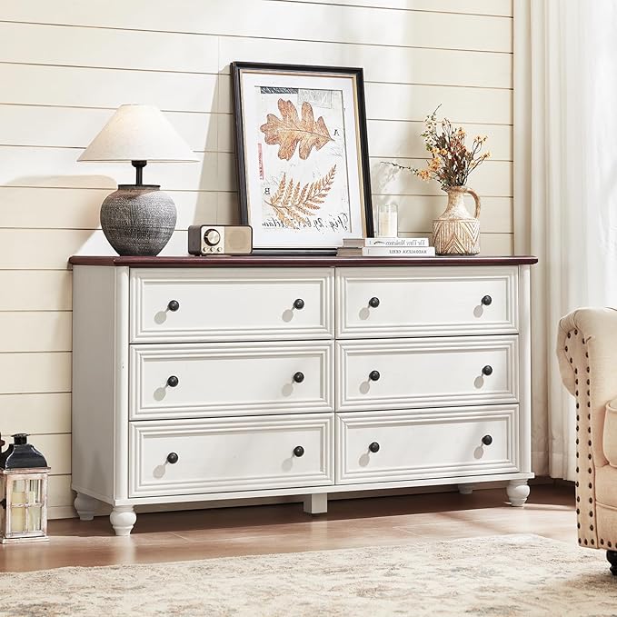 6 Drawers Dresser for Bedroom, Farmhouse 54" Wide Wood Dressers Chest of Drawers, Vintage Design TV Stand, Rustic Storage Dresser Organizer with Metal Handle Closet for Living Room, Hallway