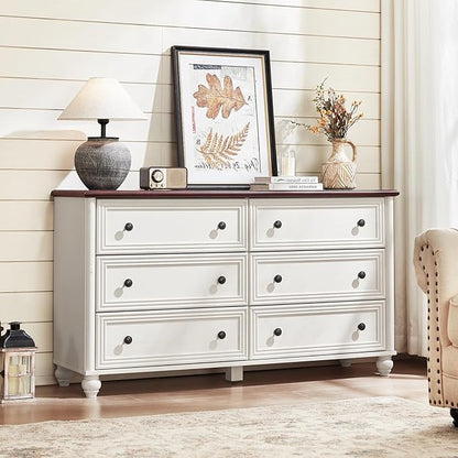 6 Drawers Dresser for Bedroom, Farmhouse 54" Wide Wood Dressers Chest of Drawers, Vintage Design TV Stand, Rustic Storage Dresser Organizer with Metal Handle Closet for Living Room, Hallway