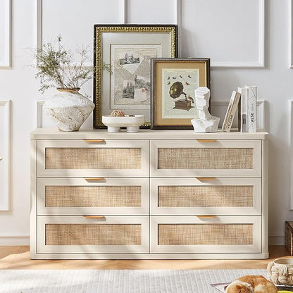 LEYAOYAO Rattan 6 Drawer Dresser for Bedroom, Boho 54" Wide White Dresser Chest of Drawers, Dressers TV Stand with Metal Handle, Storage Dressers Closet Organizer for Living Room, Hallway