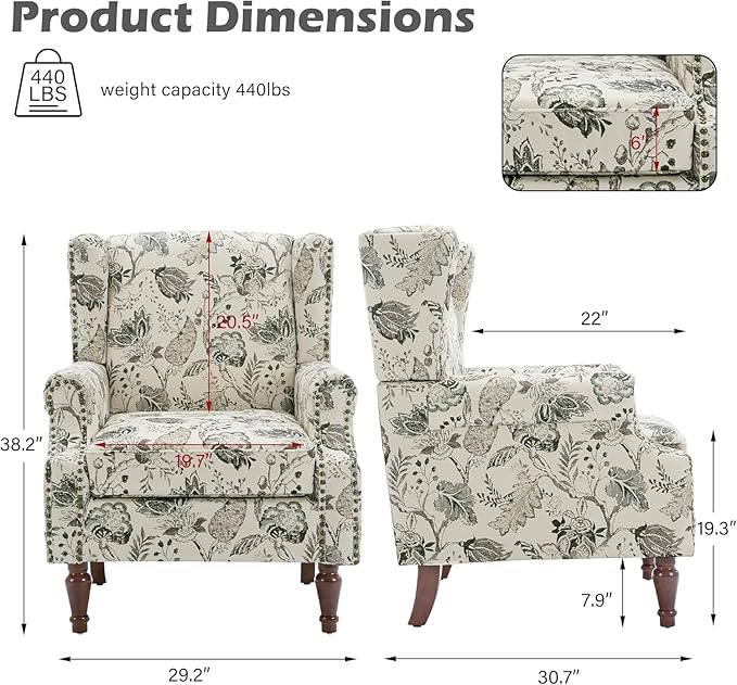 UIXE High Back Floral Accent Chairs Set of 2, Fabric Upholstered Armchair for Living Room, Retro Printed Wingback Arm Chair Nailhead Trim Single Sofa Bedroom Reading Seat - Beige Plants