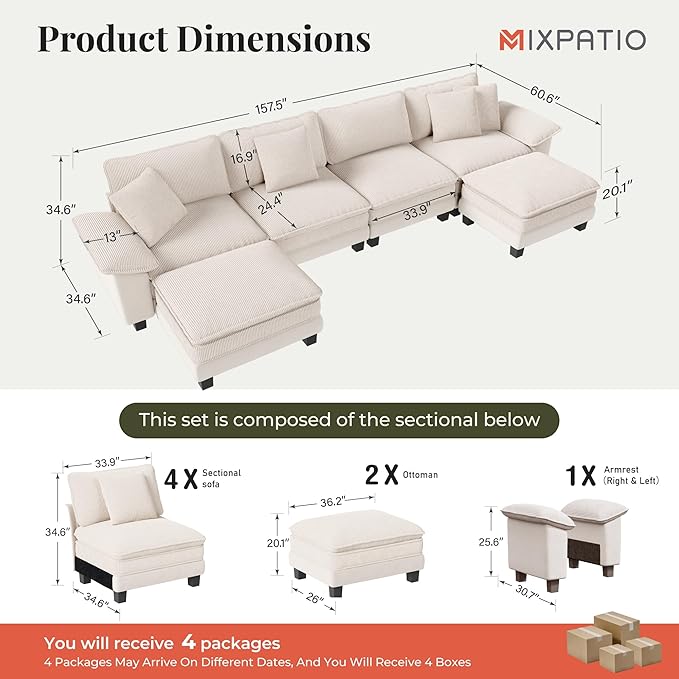 157-Inch U Shaped Sectional Sofa with Cloud Cushions, Deep Seat Modular Couch Set w/ 6 Seats & 2 Ottomans, Plush Chenille & Corduroy Upholstery for Living Room, Apartment - Beige