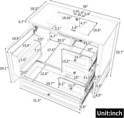 36 Inch Bathroom Vanity with Sink Set, Undermount Vanity Sink Cabinet with 3 Drawers and Door Storage, Soft Closing Door, Wood Frame, Blue Gray