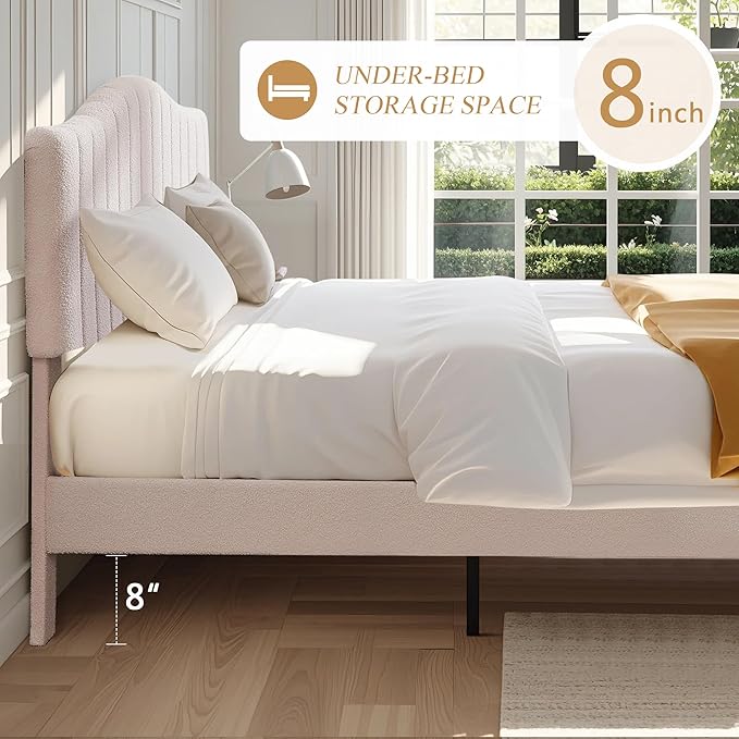 VECELO Queen Size Bed Frame Upholstered Platform Beds with Height-Adjustable Teddy Fabric Headboard, Strong Wood Slats 7.9'' Under Bed Storage Space Noise-Free No Box Spring Needed, Cream