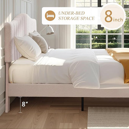 VECELO Full Size Upholstered Platform Bed Frame with Adjustable Teddy Fabric Headboard, Strong Wood Slats, 7.9" Under-Bed Storage, Noise-Free, No Box Spring Needed - Beige