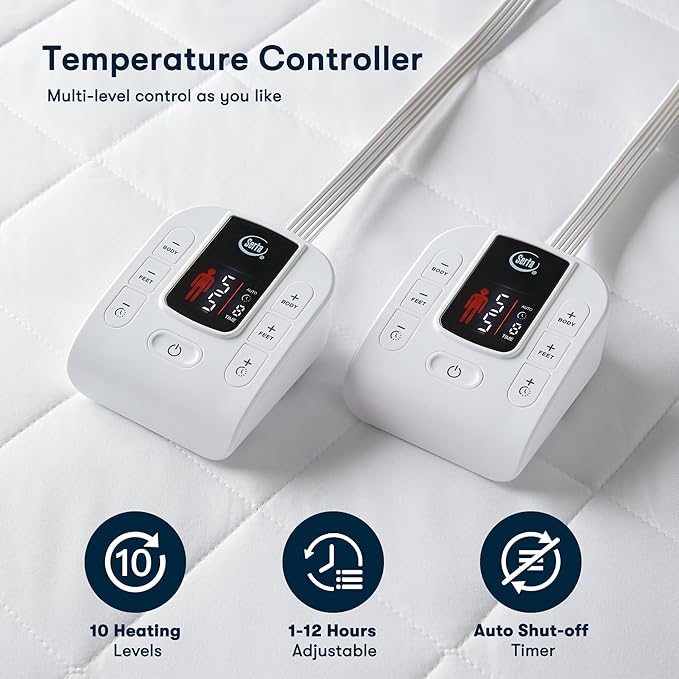 Serta Multi-Zone Heated Mattress Pad – Dual Controllers for Personalized Body & Foot Warmth, 10 Heat Settings, Auto Shut-Off, Soft Microfiber, Machine Washable, 15" Deep Pocket – California King Size