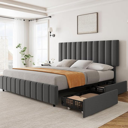 Garvee Queen Size Bed Frame with 4 Storage Drawers, Adjustable Height Headboard, Linen Upholstered Platform Bed Frame, No Box Spring Needed, Easy Assembly, Grey