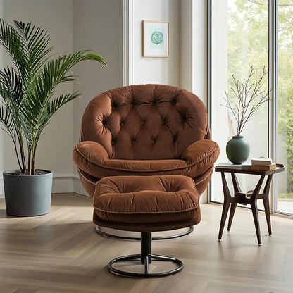 Set of 2 360° Swivel Modern Velvet Accent Chair with Ottoman | Mid-Century Button Tufted Lounge Chair for Living Room & Bedroom, Brown