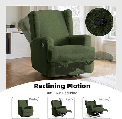 Boucle Swivel Glider Recliner Chairs Set of 2 for Adults - Plush High Back Rockers with Deep Seat, Coordinating Manual Recliners for Living Room, Luxury Upholstered Armchairs-Green