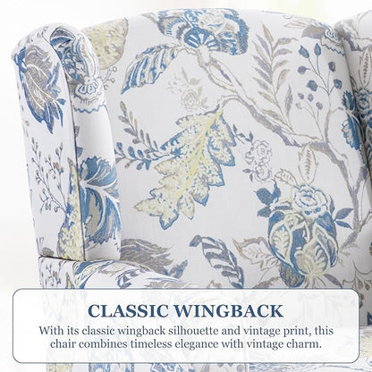 HUIMO Living Room Chair Upholstered High Back Armchair Retro Printed Wingback Chair in Linen for Bedroom & Study Comfy Accent Sofa Chair Reading Chair Holds 300lbs (Navy Blue) (1, Blue Floral)