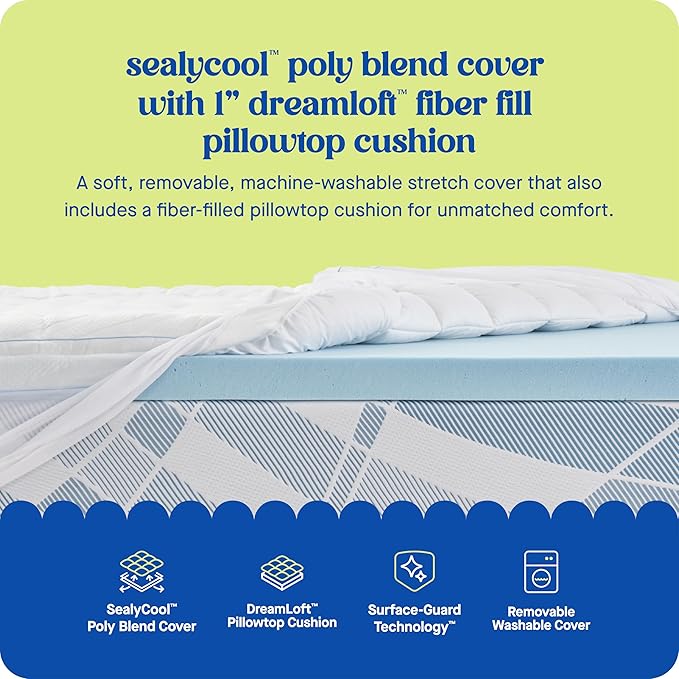 Sealy Dreamlife 3” Gel Memory Foam Twin XL Mattress Topper with 1” Quilted Cooling Cover, SealyComfort Gel Foam, SealyCool Poly Blend Cover