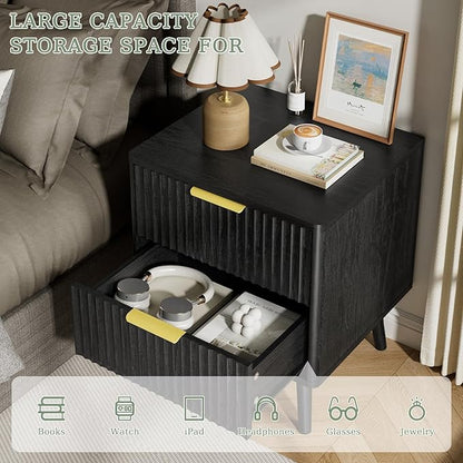 LYNSOM Fluted Dresser and Nightstand Sets 2 Piece, 2-Drawer Nightstands and 6-Drawers Dresser, Wood Bedroom Furniture Set for Home, Bedroom, Hallway, Black