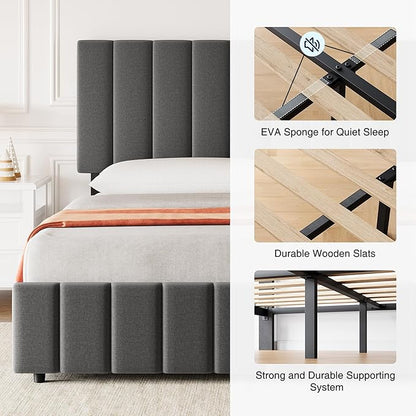 Garvee King Size Bed Frame with 4 Storage Drawers, Adjustable Height Headboard, Linen Upholstered Platform Bed Frame, No Box Spring Needed, Easy Assembly, Grey