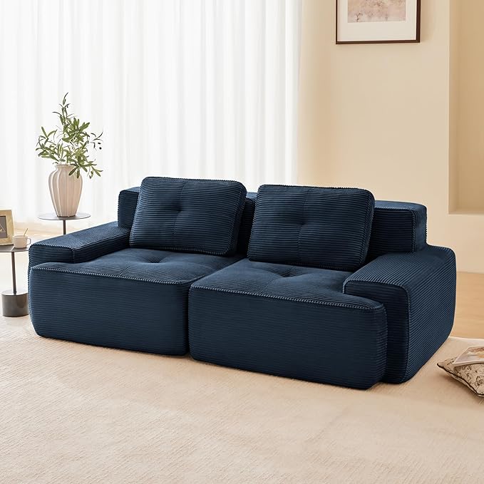 80.3” Blue Boneless Couches for Living Room, Modular Sectional Sofa, 2 Seater Comfy Upholstered Loveseat Deep Seat Corduroy Fabric Cloud Couch No Assembly, Anti-Slip Design