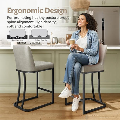 MAISON ARTS Counter Height Bar Stools with Back Set of 6 for Kitchen Counter, 24 Inch Modern Upholstered Faux Leather Barstools Farmhouse Bar Chairs Luxury Island Stools Support 330LBS, Light Grey