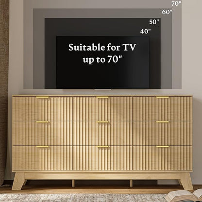 Fluted Dresser for Bedroom with 9 Drawers, 57" Mid Century Modern Dresser of Closet TV Stand, Nature Wood Dressers with Gold Handle, Boho Closet Wide Modern Chest of Drawers, Natural
