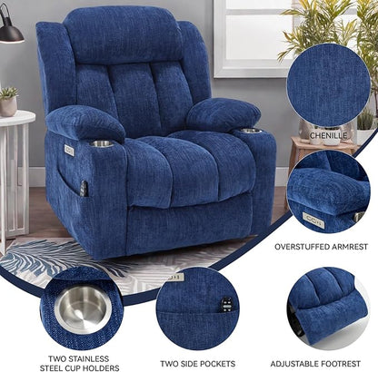 Power Lift Recliner Chair, 350lb Capacity with 8-Point Massage & Heating, USB/Type-C Ports & Cup Holders, Heavy Duty Chenille Recliner for Elderly, Blue