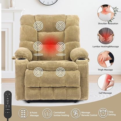 EONIX Wide Power Lift Recliner Chair for Elderly, 400lbs Heavy Duty Oversized Lift Chair with Heat and Massage, Lay Flat Power Lift Recliner with Cup Holders and Charging Ports, Beige