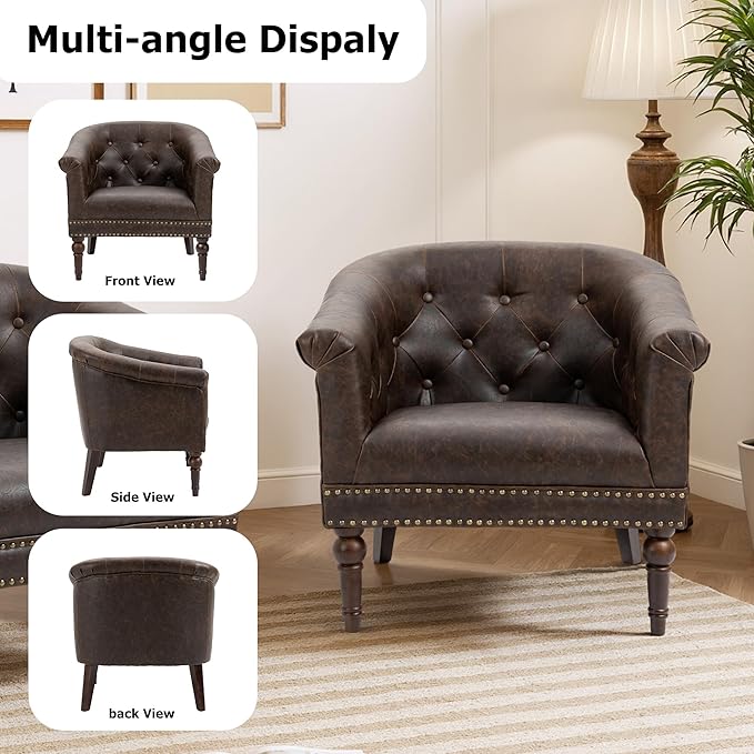Lumibee Faux Leather Barrel Chairs, Upholstered Accent Chairs Set of 4 for Living Room, Modern Comfy Club Armchairs for Office, Bedroom, Waiting Room-Chocolate