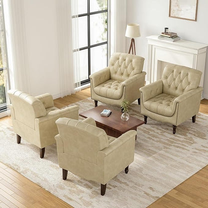 Faux Leather Accent Chairs Set of 4, Upholstered Armchairs with Nailhead Trims & Wood Legs for Living Room, Bedroom, Contemporary Comfy Club Chairs for Office-Beige