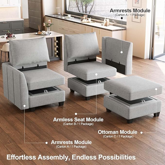 Belffin Large Modular Sectional Sofa Sleeper Sectional Couch with Storage Chenille Sectional Sofa Bed for Living Room, 9 Seats, Light Grey