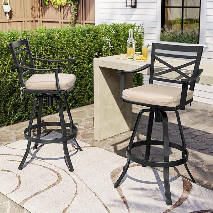 Pellebant 4 Pack Sunbrella Outdoor Bar Stools 30", Aluminum Swivel Patio Bar Height Bar Stools with Footrest and Backrest, for Deck Lawn Garden(Canvas Antique Beige)