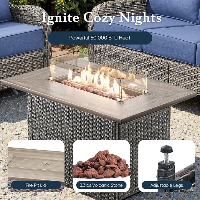 Belord Luxury 6" Thick Cushioned 7 Pieces Patio Furniture Set with Fire Pit Table, Wicker Outdoor Conversation Set with High Back Swivel Rocker Chairs for Deck Porch Yard and Poolside - Grey+Grey