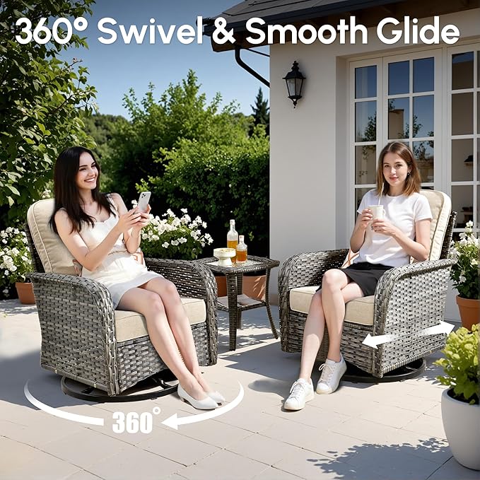 5 PCS Patio Outdoor Furniture Set with Swivel Rocking Chairs,All Weather Wicker Rattan Patio Seating Sofa and Chairs Set,Outdoor Conversaiton Sets for Deck Yard Prrch Garden Poolside,Beige