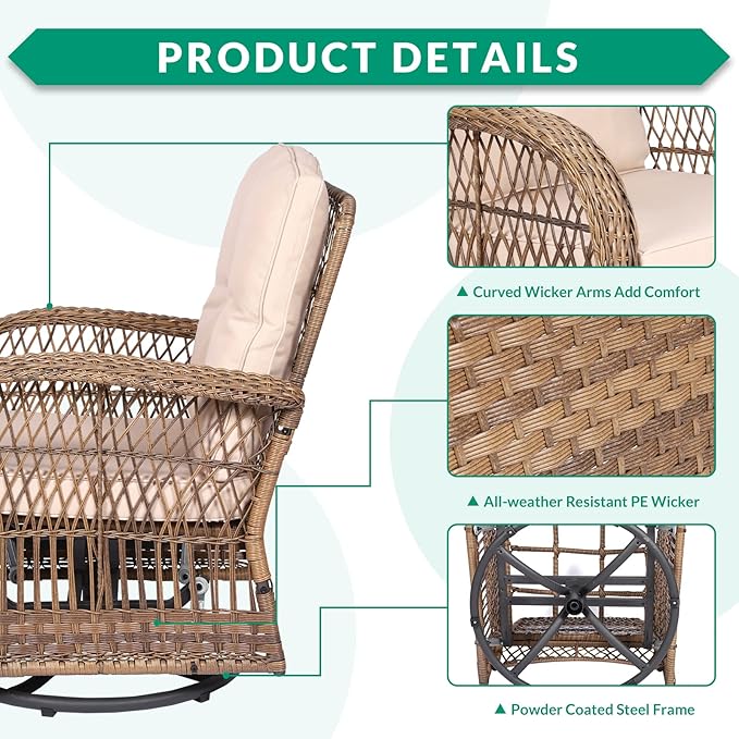 VIVIJASON 3-Piece Outdoor Conversation Bistro Set, Patio Swivel Glider Rocking Chairs Rattan Furniture Sets w/ 2 Rattan Chairs, Cushions, Glass Top Side Table for Porch Backyard, Light Brown