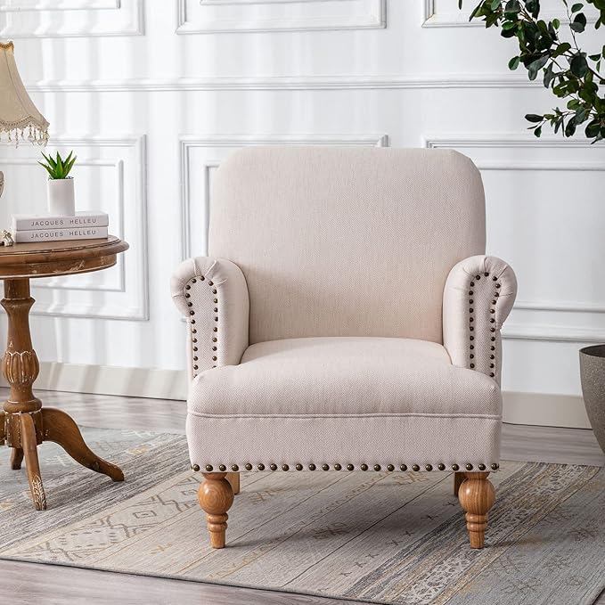 Linen Accent Chairs Set of 2 Mid-Century Modern Living Room Armchair with Nailhead Trim & Wood Legs Comfy Upholstered Single Sofa Chair for Lounge/Bedroom/Reception, Cream