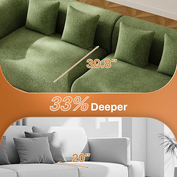 120'' Oversized Sectional Couches for Living Room Boneless Modular Sectional Sofa Plush Chenille Cloud Modular Couch Modern Sectionals with Deep Seat, No Assembly Required, 4 Seater, Green
