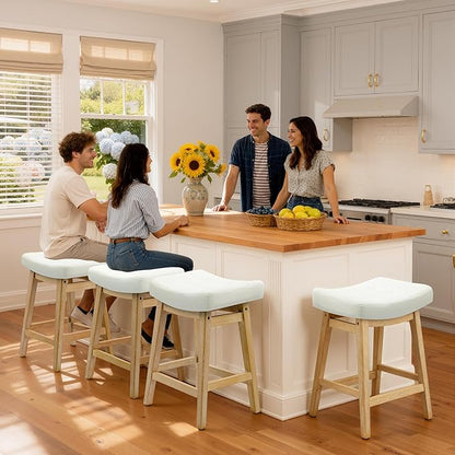 Counter Height Bar Stools Set of 3 for Kitchen Island Modern Barstools with Upholstered Faux Leather Backless Seat and Solid Wood Legs, 24 inch Farmhouse Bar Chairs, White