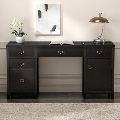 59" Executive Desk with File Drawers Cabinet, Modern Computer Desk with Charging Station, Keyboard Tray, Large Home Office Desk, Farmhouse Wood Desk for Study, Writing, Black