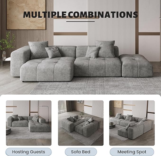 WJShome 119" L Shaped Sectional Couch,Modern Modular Sofa with Ottoman,Linen Deep Loveseat with Pillows Couches for Living Room, Bedroom and Apartment,Gray