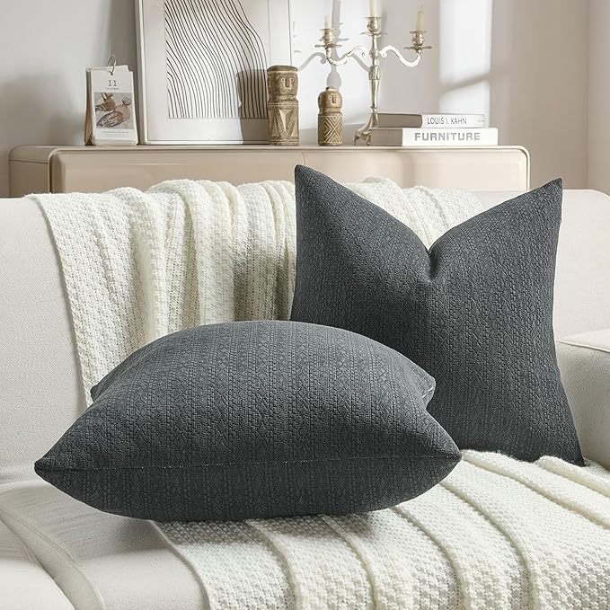 FUTEI Black Chenille Throw Pillow Covers 22x22 Inch Set of 2,Soft Striped & Diamond Textured Cushion Cases,Modern Home Decor for Couch Living Room