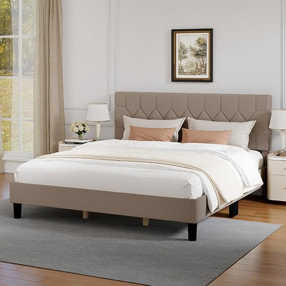 Novilla King Size Bed Frame, King Bed Frame and Headboard, Linen Upholstered Pull-Point Bed Frames, No Box Spring Needed, Heavy Duty Feet, Easy Assembly, Beige