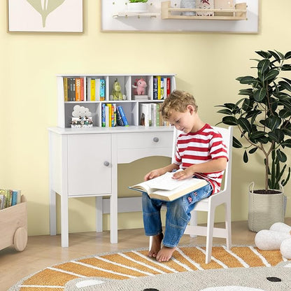 Costzon Kids Desk and Chair Set, Wooden Children Study Desk w/Hutch, Large Cabinet and Drawer for Home School Writing, Reading & Drawing, Computer Workstation Student Table and Chair for 3+ (White)