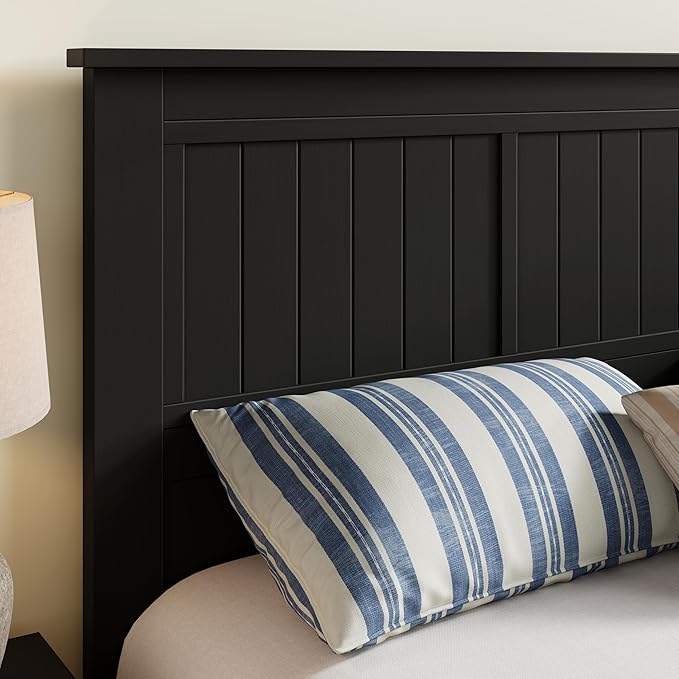 Serene Solid Wood Window-Pane Panel Headboard – Easy Assembly, Casual Coastal Style – Queen Size in Black