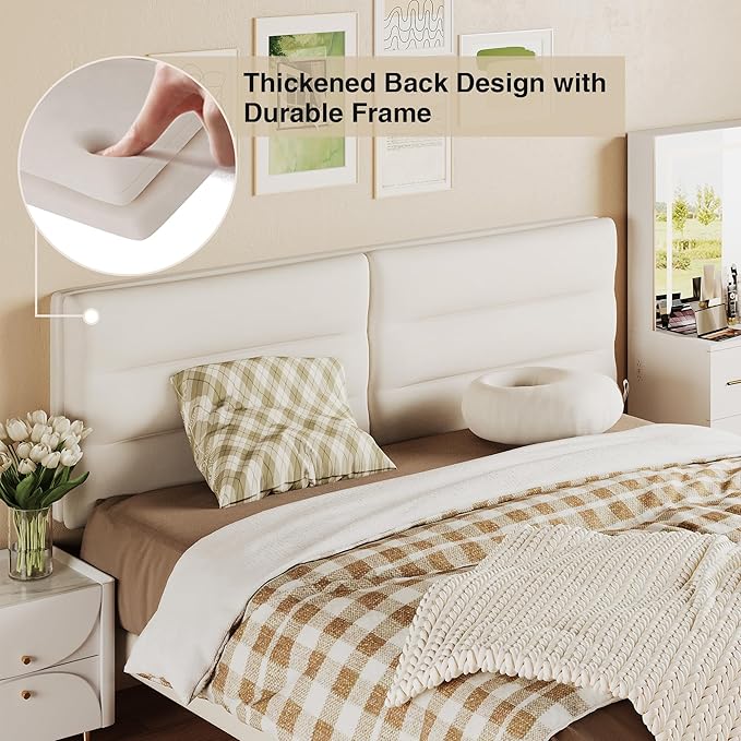 King Size Velvet Headboard Foldable Panels Backboard, Upholstered California King Head Board for Bedroom Adjustable Height from 42" to 56"-Ivory