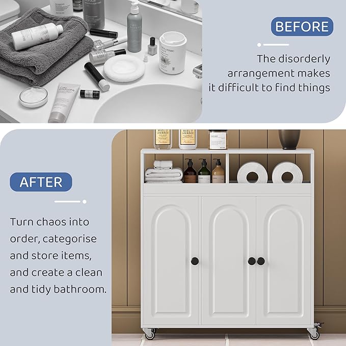 Bathroom Storage Cart with Doors，3-Door Cabinet & Divided Open Shelf，Rolling Organizer Cart for Bathroom, Toilet，White (2)