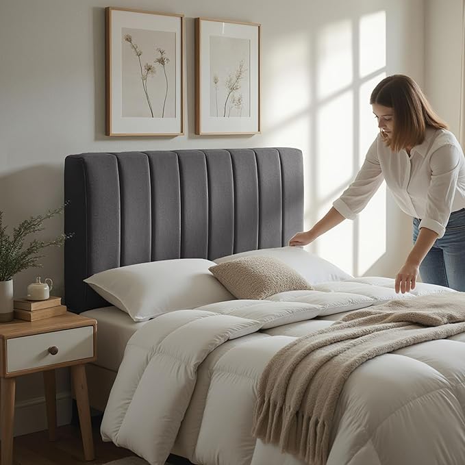 Hearth & Harbor Upholstered Twin Headboard - Easy Assemble Channel Stitched Headboard Twin Size - Wall Mounted Headboards with 3D Soundproof Wall Panels Peel & Stick Floating Headboards, Grey