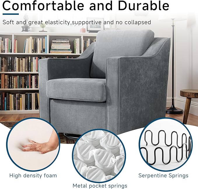 Pia Ricco Set of 2 Oversized Modern Striped Fabric Swivel Accent Chairs with Removable Covers, Living Room Reception Set